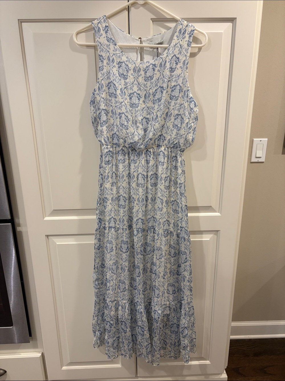 Sleeveless White Maxi Dress with Light Blue Floral Print size small